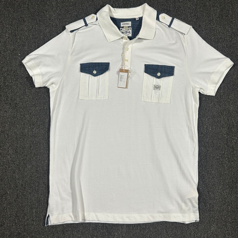Diesel T-Angi Polo Shirt Mens XXL White NWT Military Epaulette Denim Trim Cotton